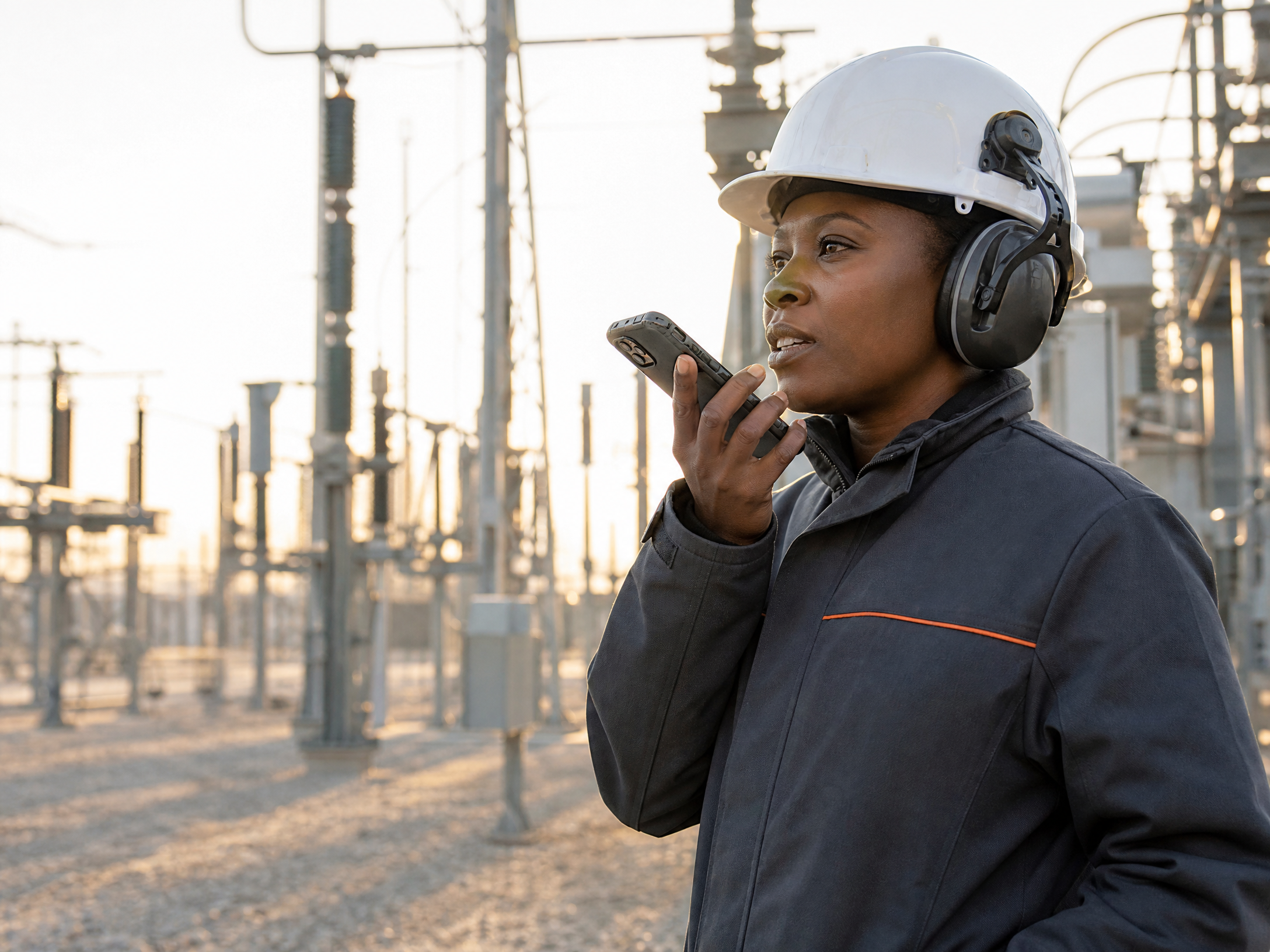 Field inspector speaking a note into her phone at an electrical substation